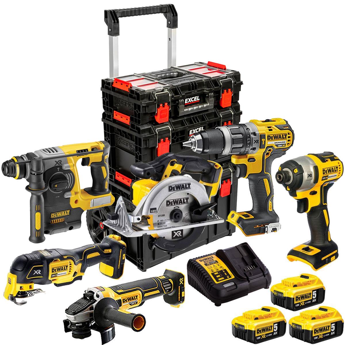 Dewalt 18V 6 Piece Power Tool Kit with 3 x 5.0Ah Battery, Charger & Modular Tool Box 3 Piece Set T4TKIT-24407