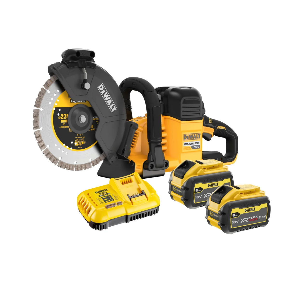 Dewalt DCS691X2 54V XR FlexVolt Brushless 230mm Cut Off Saw With 2 x 9.0Ah Batteries & Charger