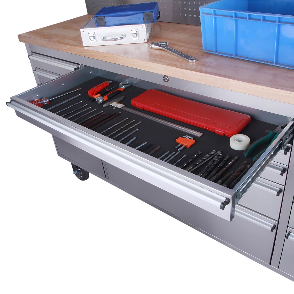 Excel 72inch 15 Drawer Stainless Steel Workbench Roller Tool Chest Cabinet with 3 Overhead Cabinets & 2 Tall Cabinet