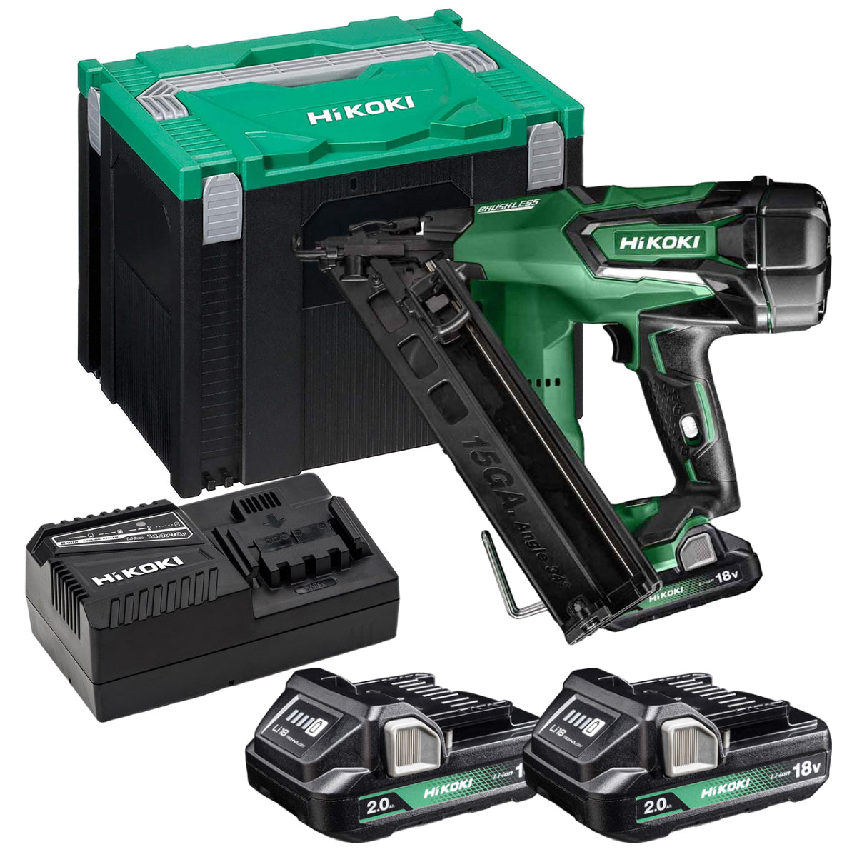 Hikoki NT1865DMAJYZ 18V Brushless 15GA Angled Finish Nailer with 2 x 2.0Ah Batteries, Charger & Case