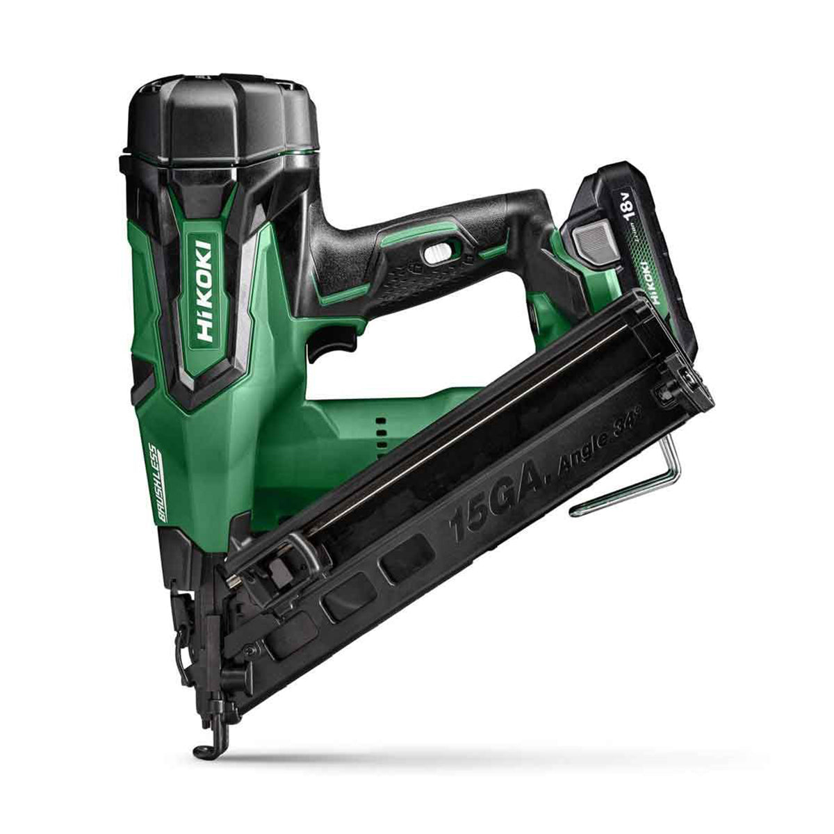 Hikoki NT1865DMAJYZ 18V Brushless 15GA Angled Finish Nailer with 2 x 2.0Ah Batteries, Charger & Case