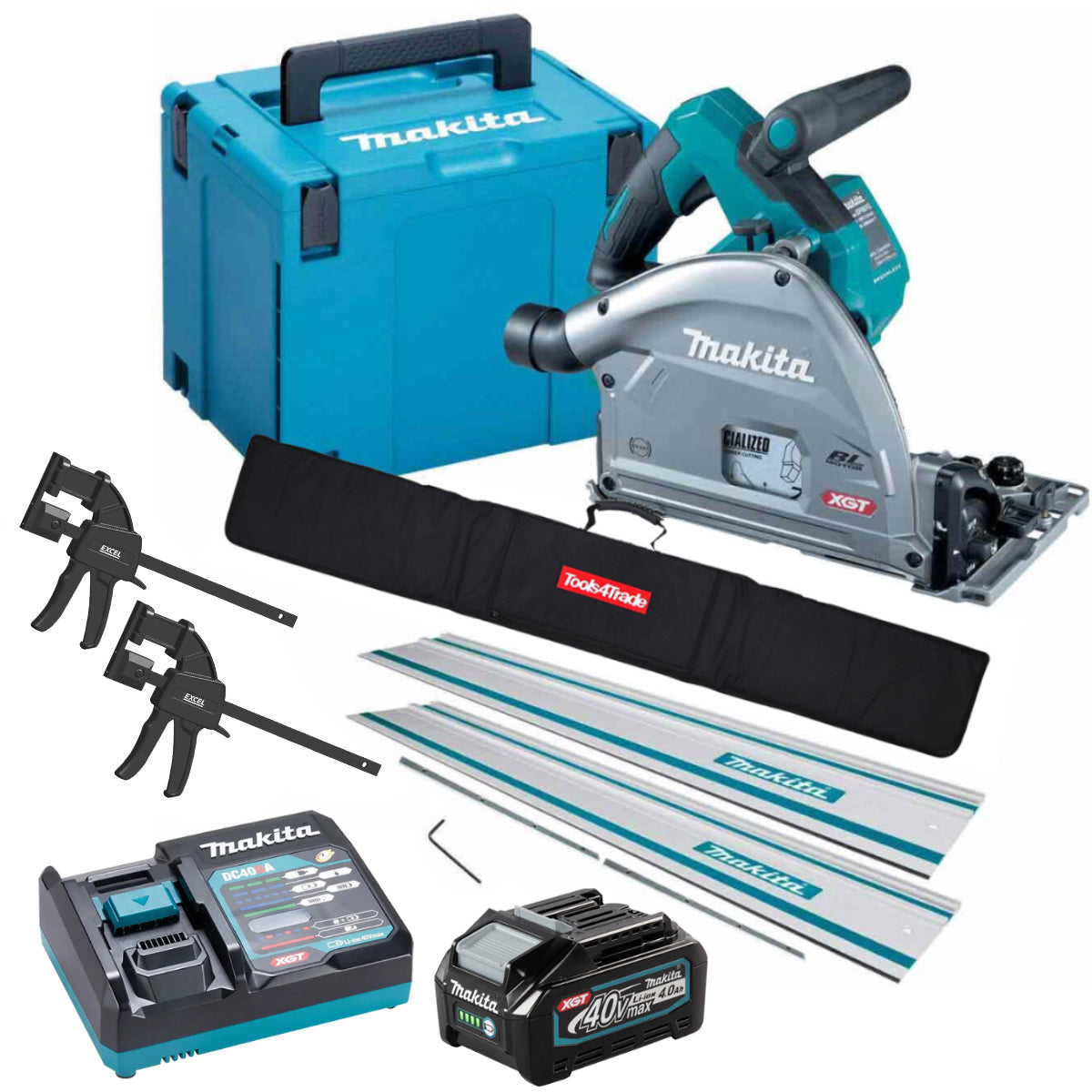 Makita SP001GZ03KIT4 40V Brushless Plunge Saw with 2 x Guide Rail, Connector, Clamp Set & 1 x 4.0Ah Battery Charger