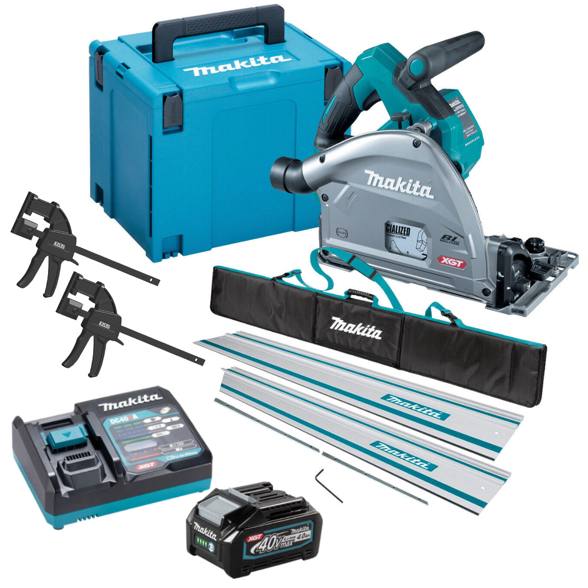 Makita SP001GZ03KIT5 40V Brushless Plunge Saw with 2 x Guide Rail, Connector, Clamp Set & 1 x 4.0Ah Battery Charger