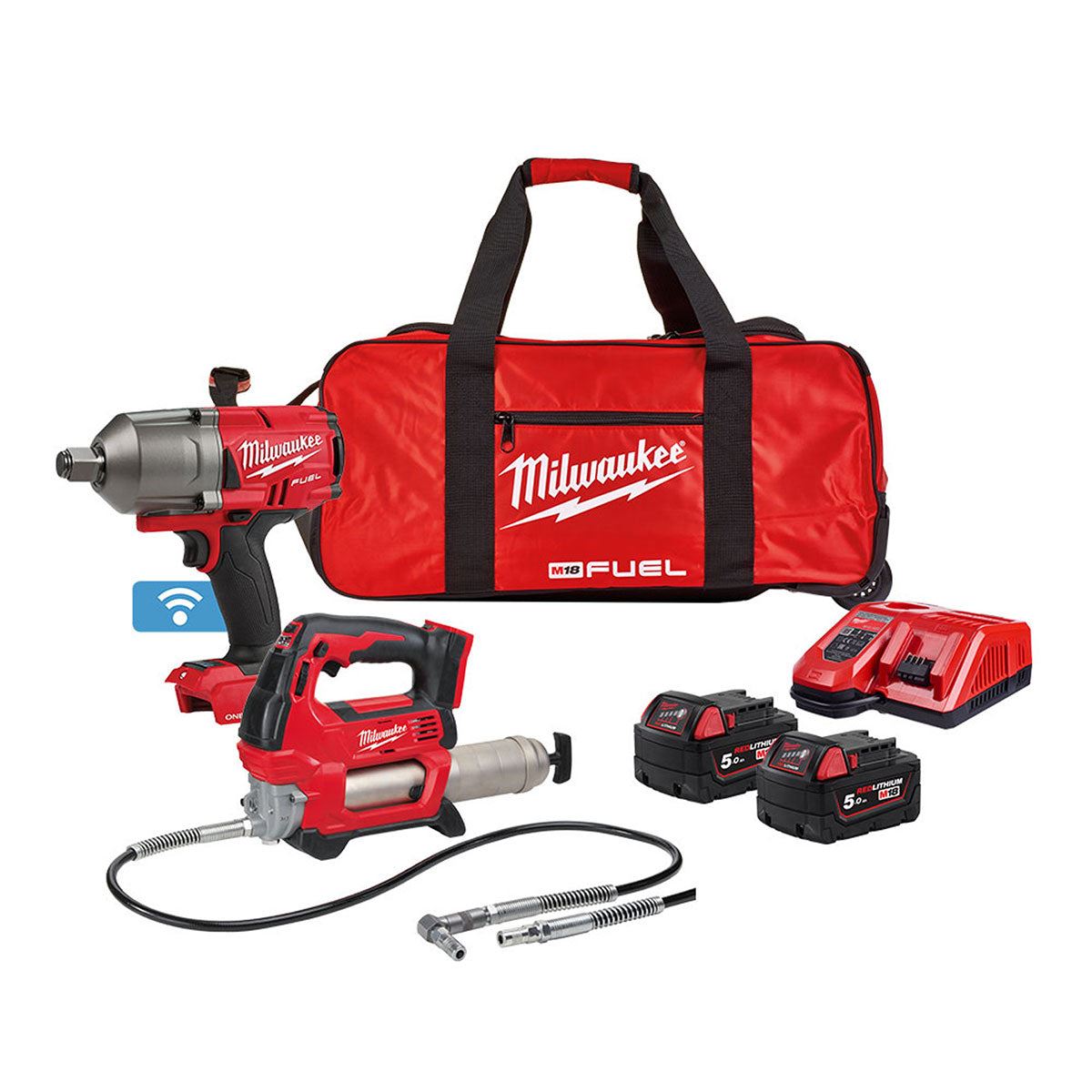 Milwaukee M18ONEPP2Q-502B 18V Fuel ONE-KEY Brushless Impact Wrench & Grease Gun with 2 x 5.0Ah Batteries Charger & Bag 4933480467