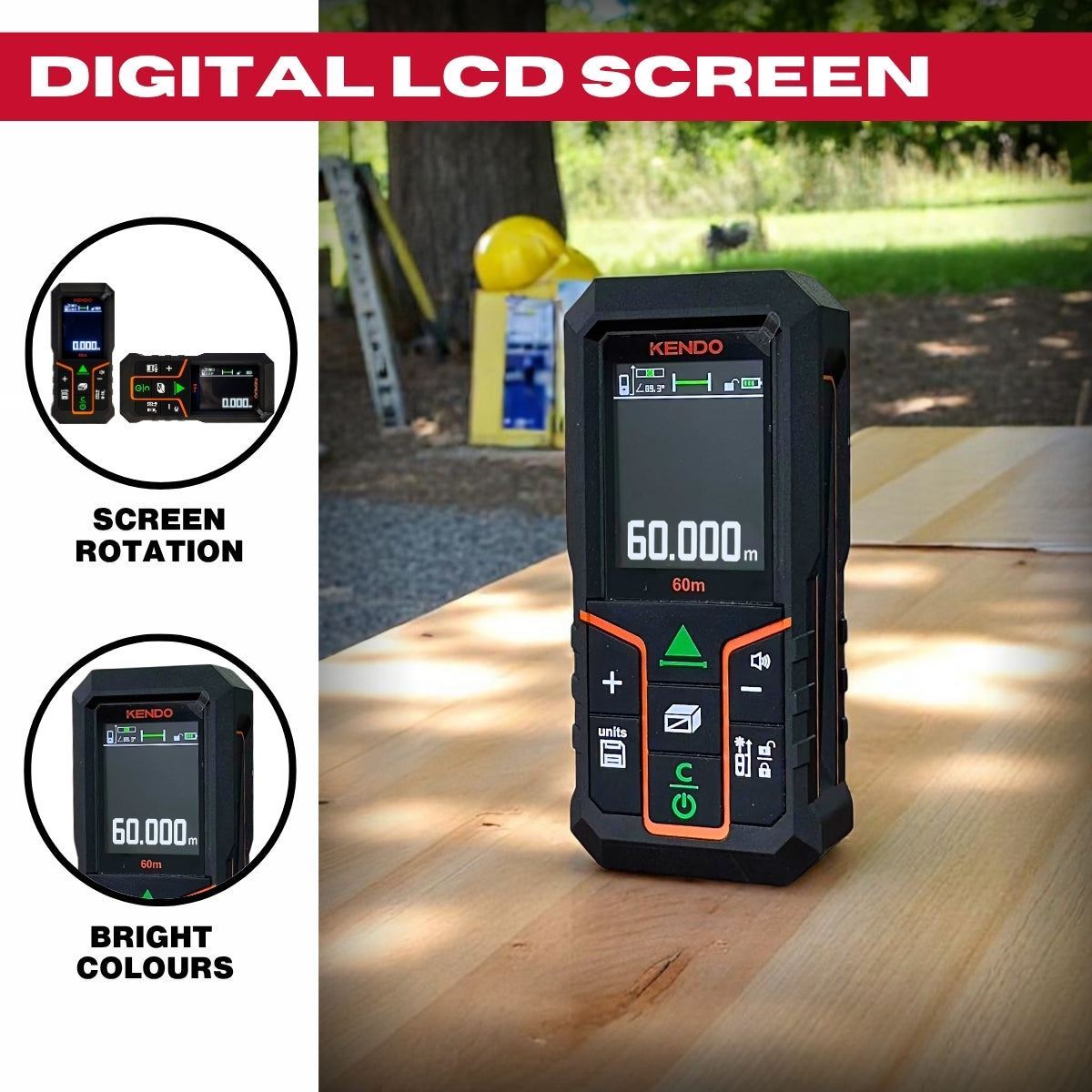 Kendo 60m Laser Distance Meter with Rechargeable Battery & LCD Display