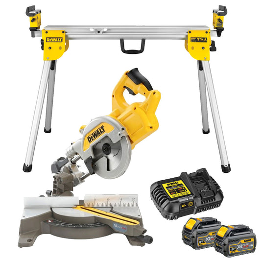 Dewalt DCS777T2 54V Flexvolt Brushless 216mm Mitre Saw with 2 x 6.0Ah Batteries, Charger & DE7033 Leg Stand