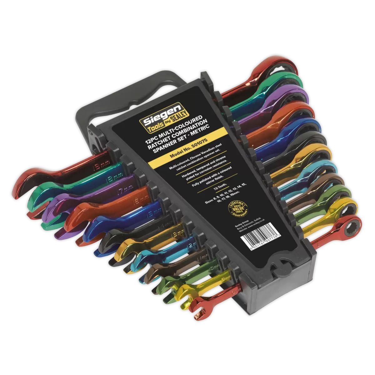 Sealey S01075 Multi-Coloured Combination Ratchet Spanner Set 12pc