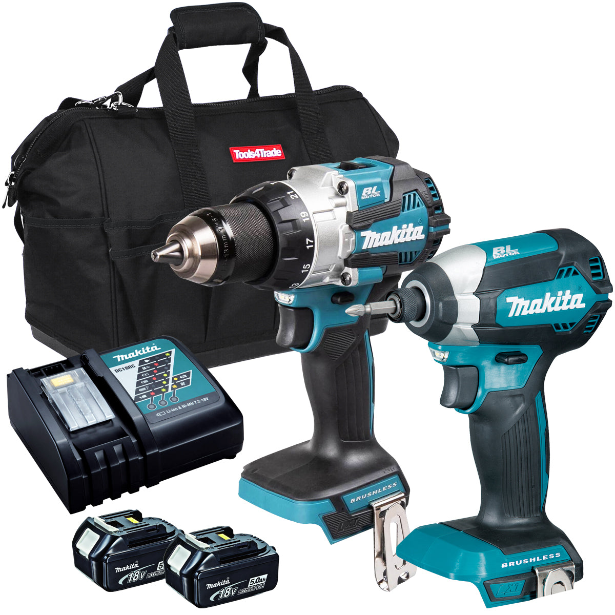 Makita 18V Brushless Impact Driver & Combi Drill with 2 x 5.0Ah Battery & Charger T4TKIT-17180