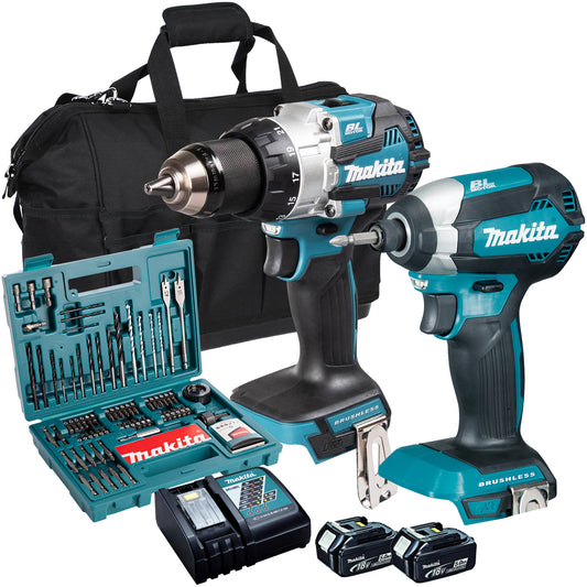 Makita 18V Brushless Impact Driver & Combi Drill with 2 x 5.0Ah Battery & 100 Accessories Set T4TKIT-17181