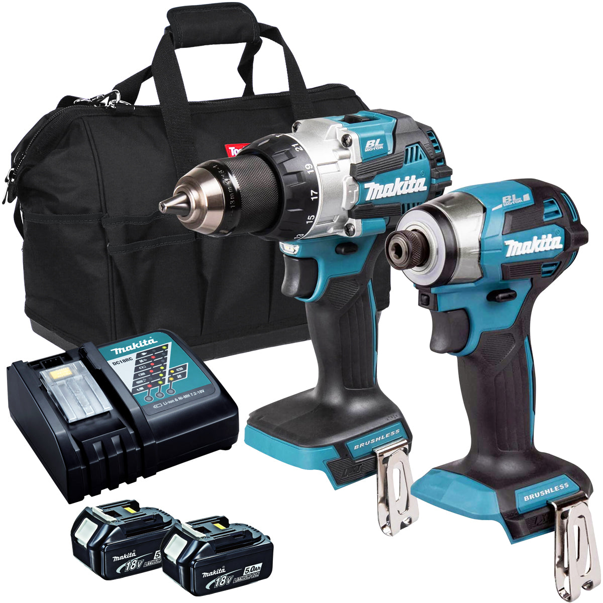 Makita 18V Brushless Impact Driver & Combi Drill with 2 x 5.0Ah Battery & Charger T4TKIT-17182