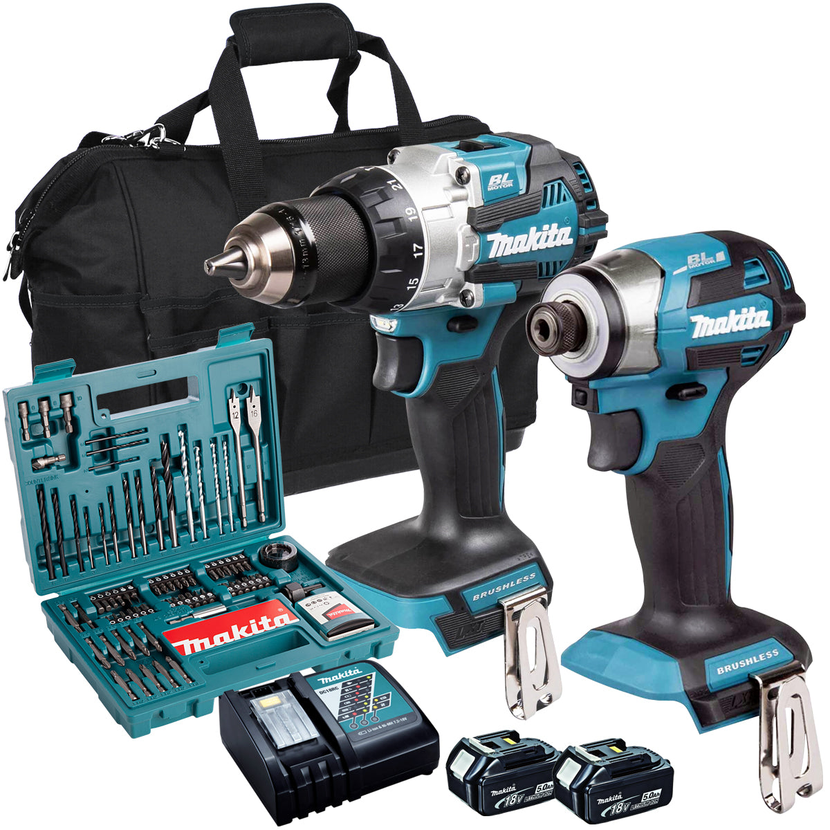 Makita 18V Brushless Impact Driver & Combi Drill with 2 x 5.0Ah Battery & 100 Accessories Set T4TKIT-17183