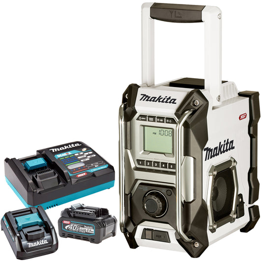 Makita MR001GZ01 12V / 40V / CXT / LXT / XGT Job Site Radio White with 1 x  2.5Ah Battery Charger & Adaptor