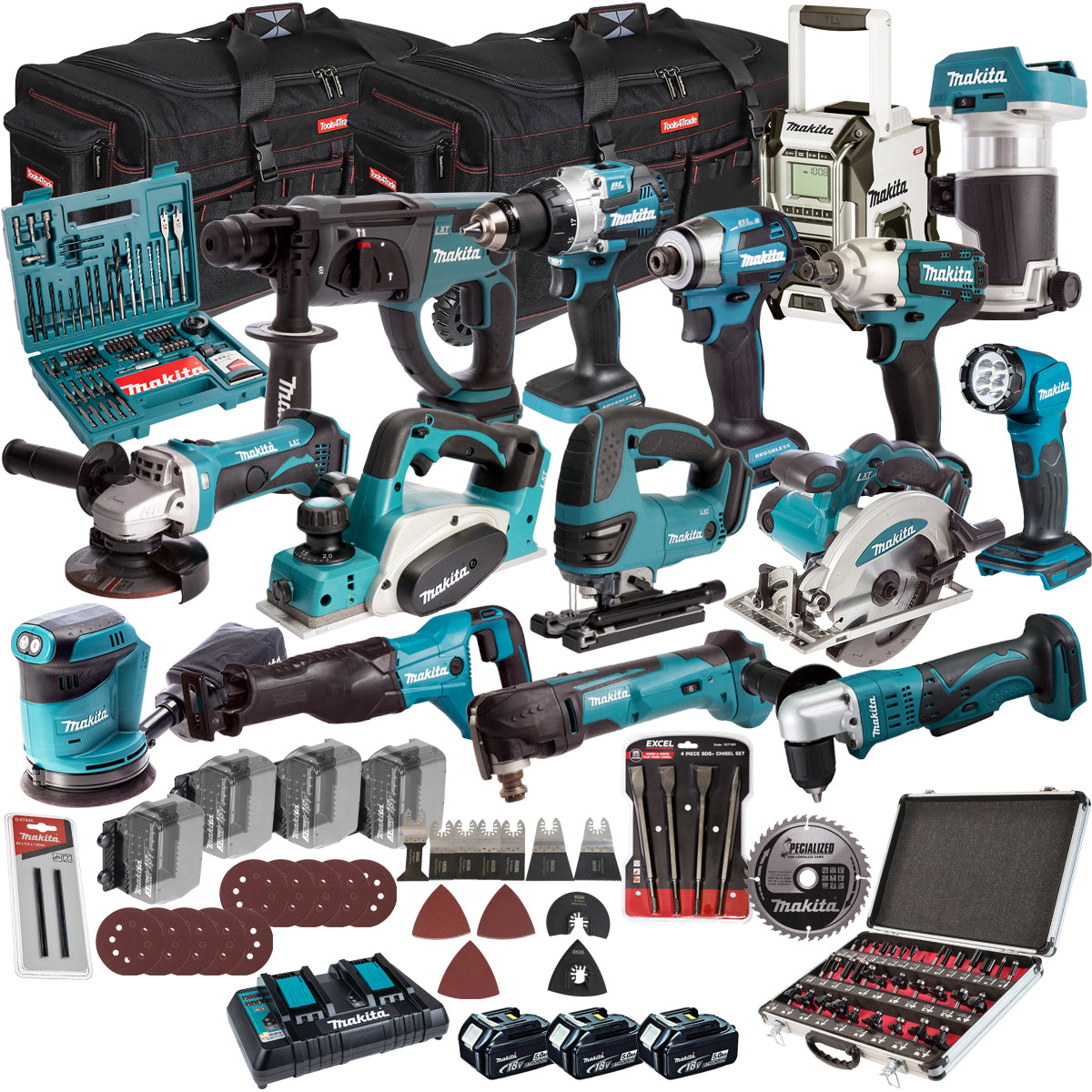 Makita 18V 15 Piece Combo Kit with 3 x 5.0Ah Battery Charger & Accessories Set T4TKIT-17221