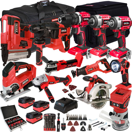 Excel 18V 12 Piece Power Tool Kit with 3 x 5.0Ah Battery Charger & Accessories EXLKIT-17296