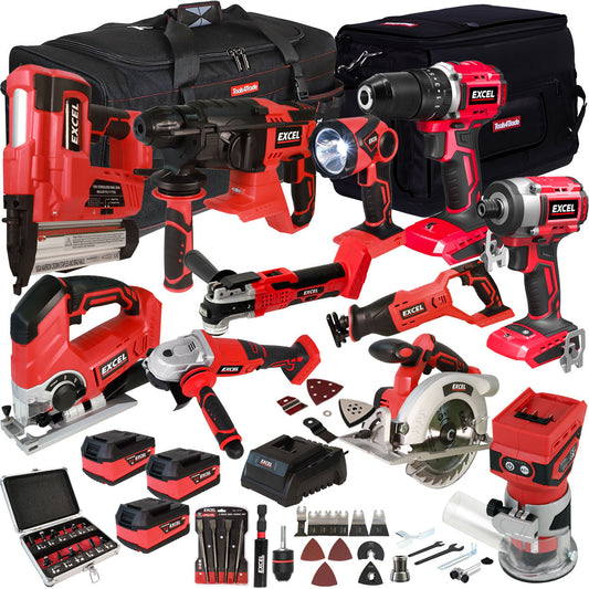 Excel 18V 11 Piece Power Tool Kit with 3 x 5.0Ah Battery Charger & Accessories EXLKIT-17297