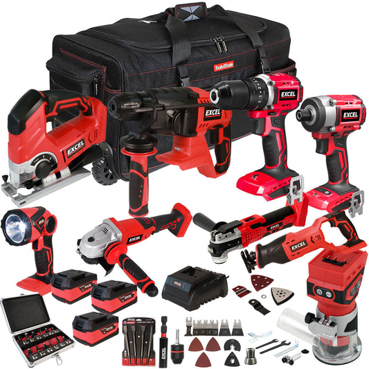 Excel 18V 9 Piece Power Tool Kit with 3 x 5.0Ah Battery Charger & Accessories EXLKIT-17299