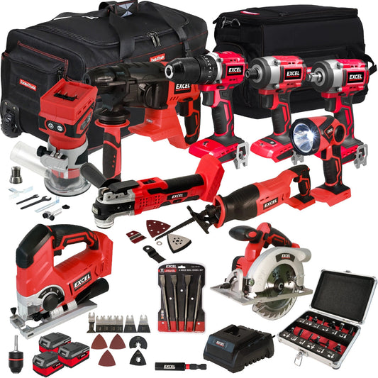 Excel 18V 10 Piece Power Tool Kit with 3 x 4.0Ah Battery Charger & Accessories EXLKIT-17308
