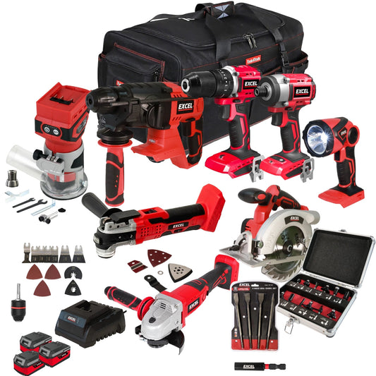 Excel 18V 8 Piece Power Tool Kit with 3 x 4.0Ah Battery Charger & Accessories EXLKIT-17310