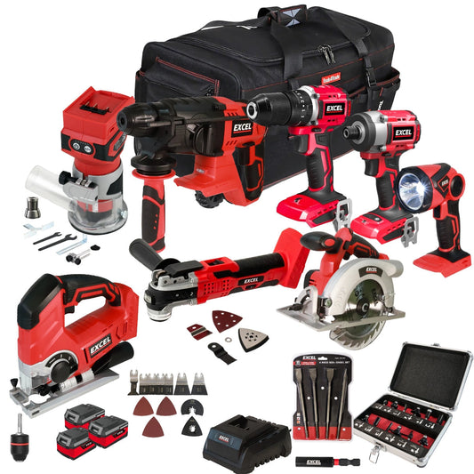 Excel 18V 8 Piece Power Tool Kit with 3 x 4.0Ah Battery Charger & Accessories EXLKIT-17313