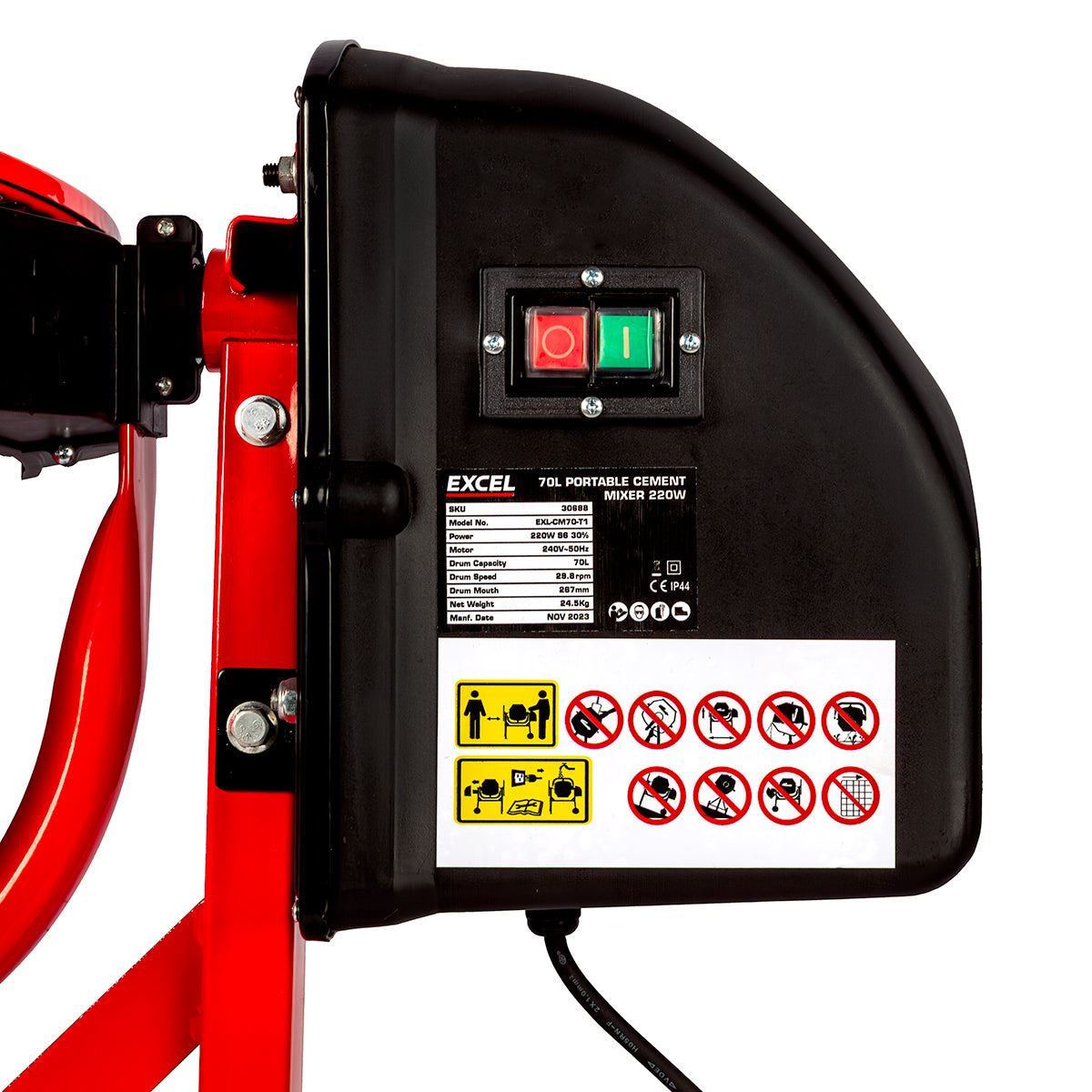 Excel 70L Portable Cement Concrete Mixer 240V/220W with Wheels