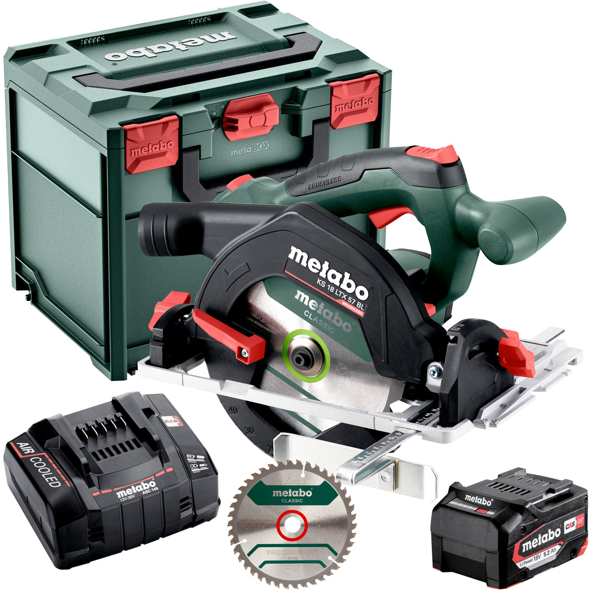 Metabo KS 18 LTX 57 BL 18V Brushless 165mm Circular Saw with 1 x 5.2Ah Battery Charger, Metabox & Blade