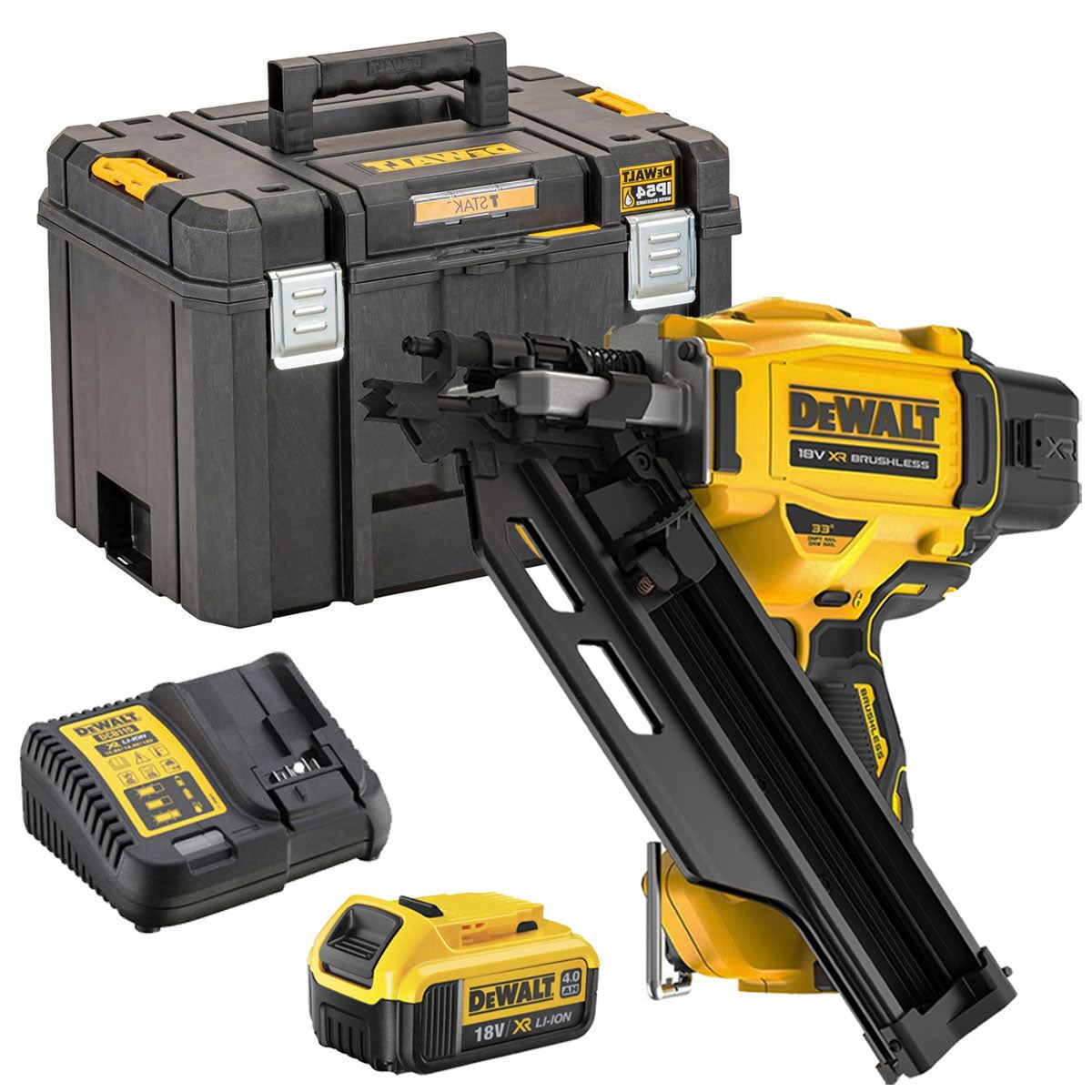 Dewalt DCN930N 18V Brushless 90mm First Fix Framing Nailer with 1 x 4.0Ah Battery Charger & TSTAK Tool Box