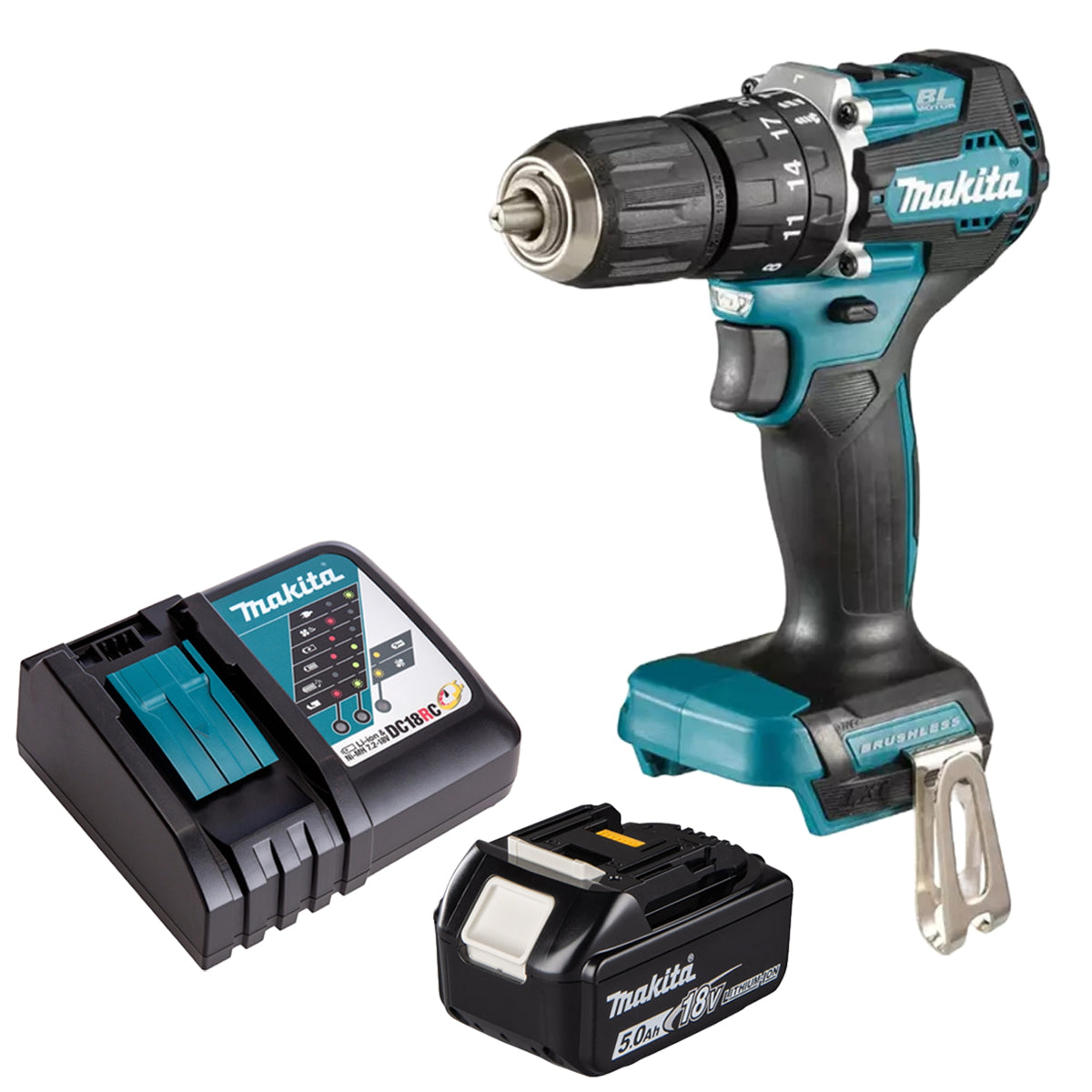 Makita DHP487RTX4 18V LXT Brushless Combi Drill With 1 x 5.0Ah Battery & Charger