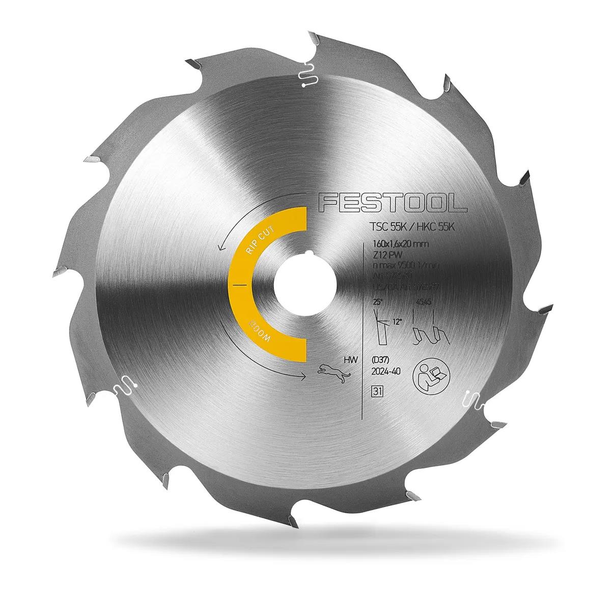 Festool 160mm x 1.6mm x 20mm PW 12T Wood Rip Cut Saw Blade - 578580
