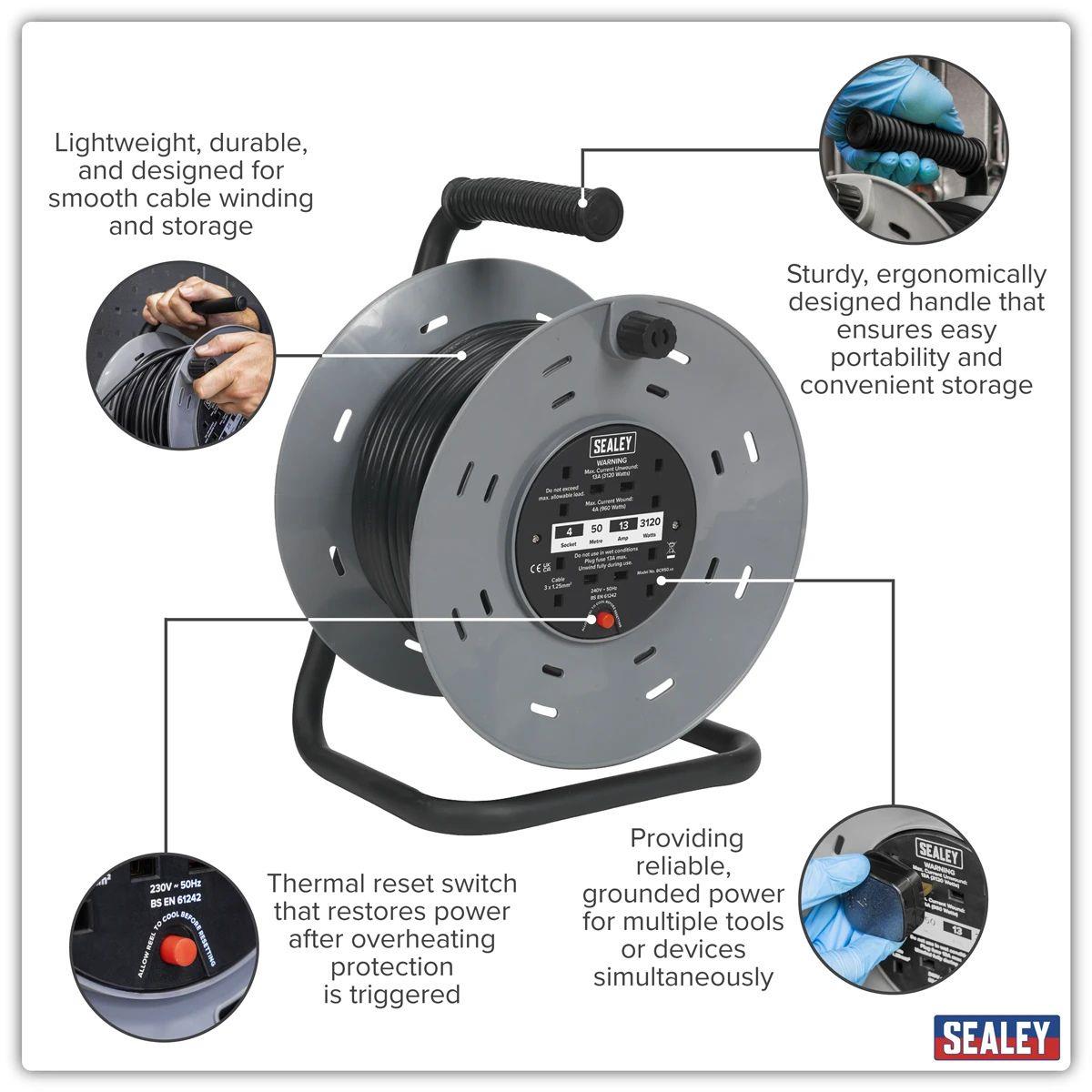 Sealey BCR50 Cable Reel 50m 4 x 230V/960W