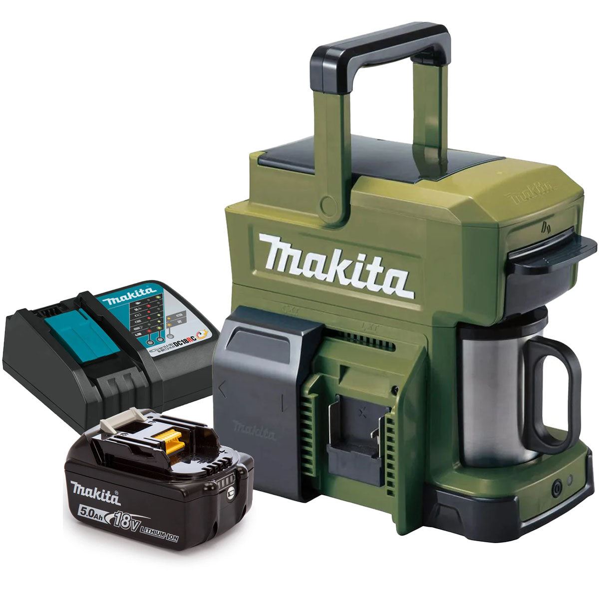 Makita DCM501ZO 10.8V CXT / 18V LXT Cordless Olive Green Coffee Maker with 1 x 5.0Ah Battery & Charger