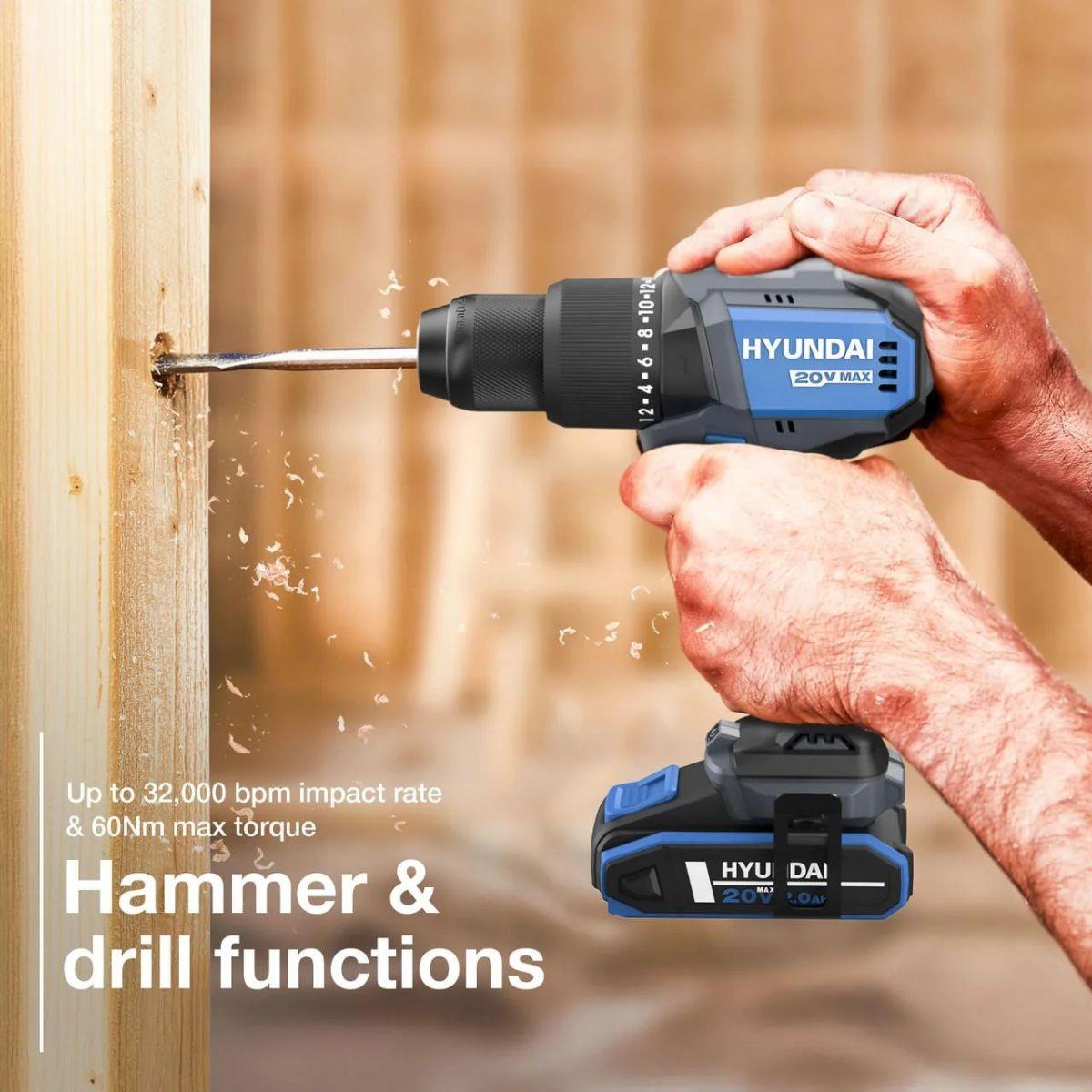 Hyundai S01-T2B 20V Cordless 65Nm Hammer Drill and 230Nm Impact Driver Brushless Kit With 2 x 2.0Ah Li-ion Batteries and 2A Charger