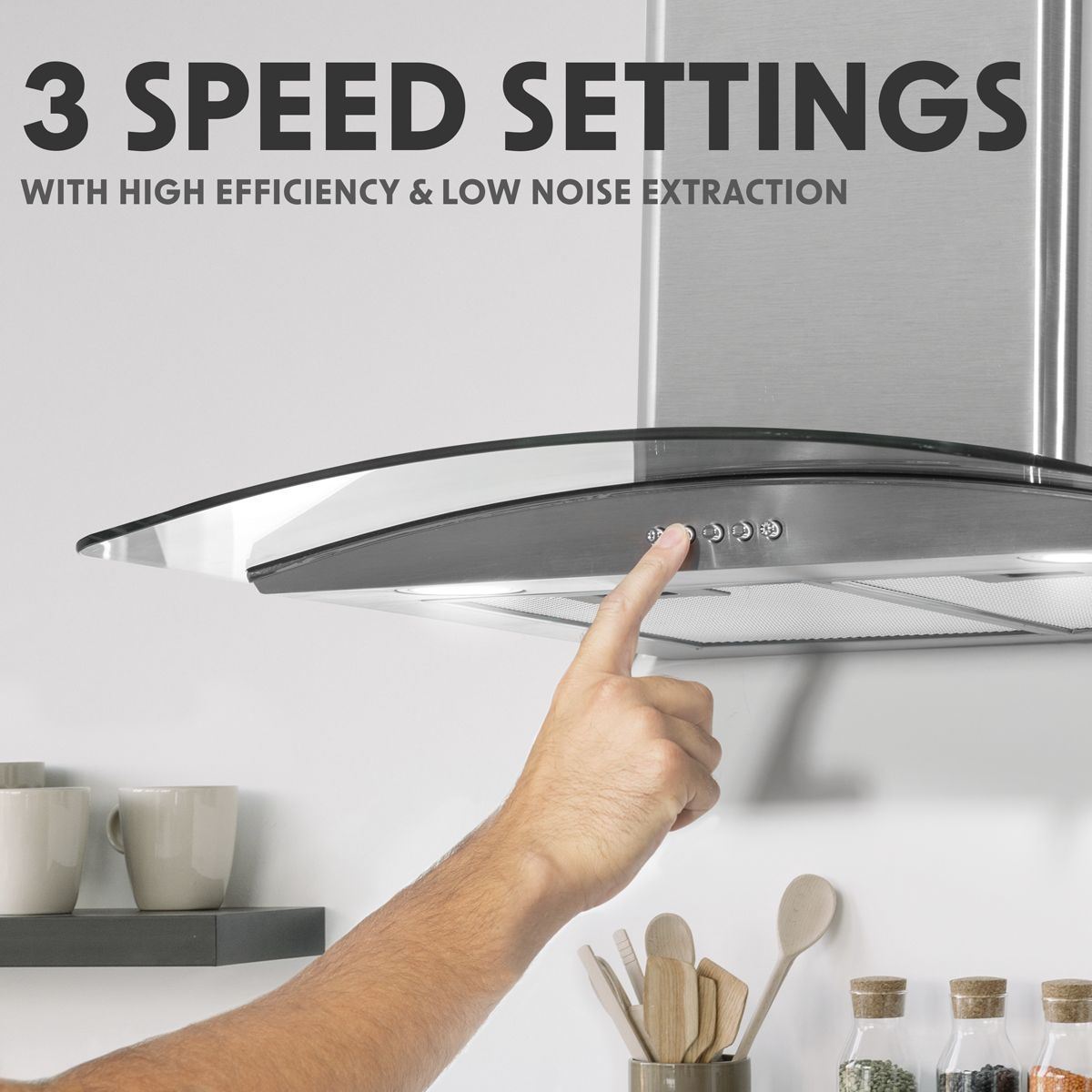 Sealey DH128 Baridi Curved Glass Cooker Hood with Carbon Filters & LED Lights 60cm Stainless Steel