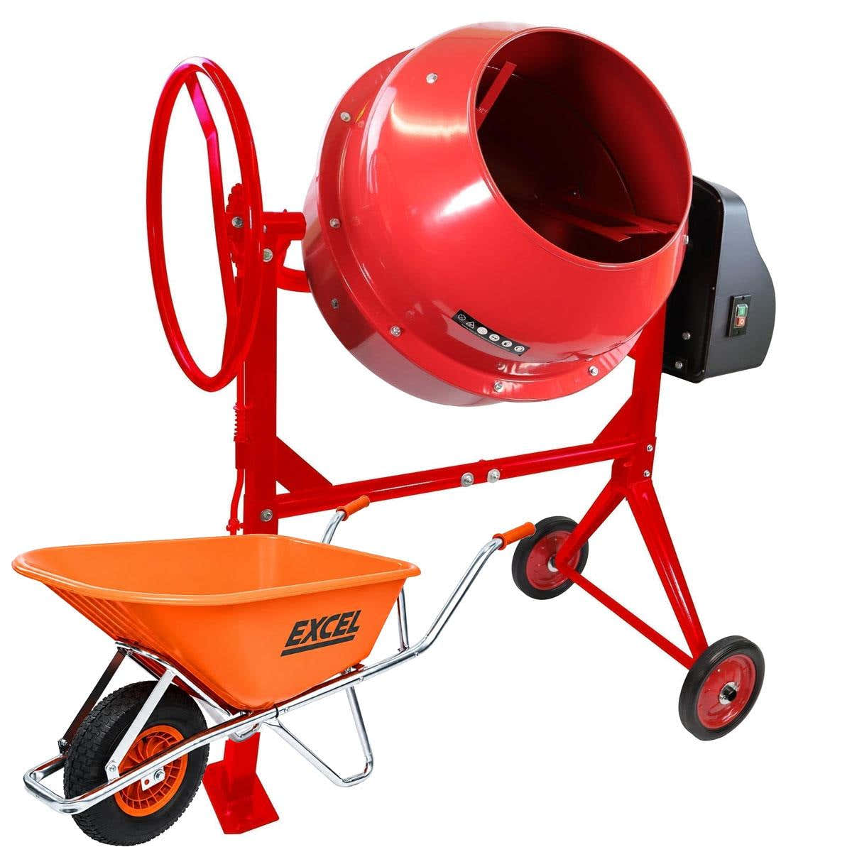 Excel 180L Portable Cement Concrete Mixer 240V/800W with Wheels & 100L Wheelbarrow Chrome Plated Frame