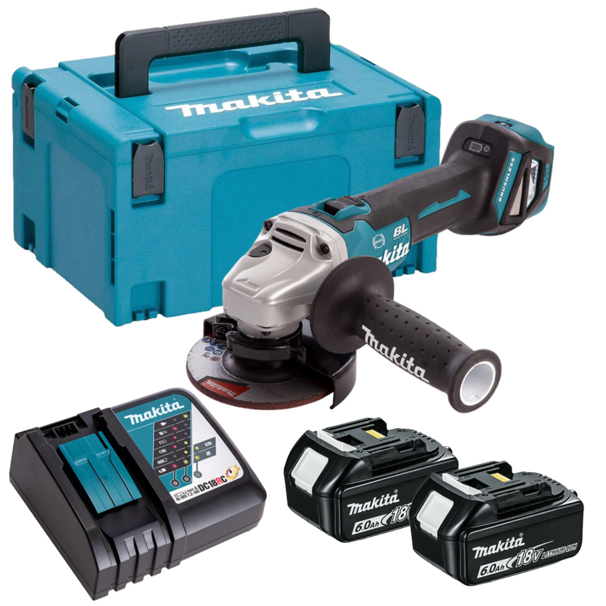 Makita DGA463Z 18V Brushless 115mm Angle Grinder with 2 x 6.0Ah Batteries & Charger in Case