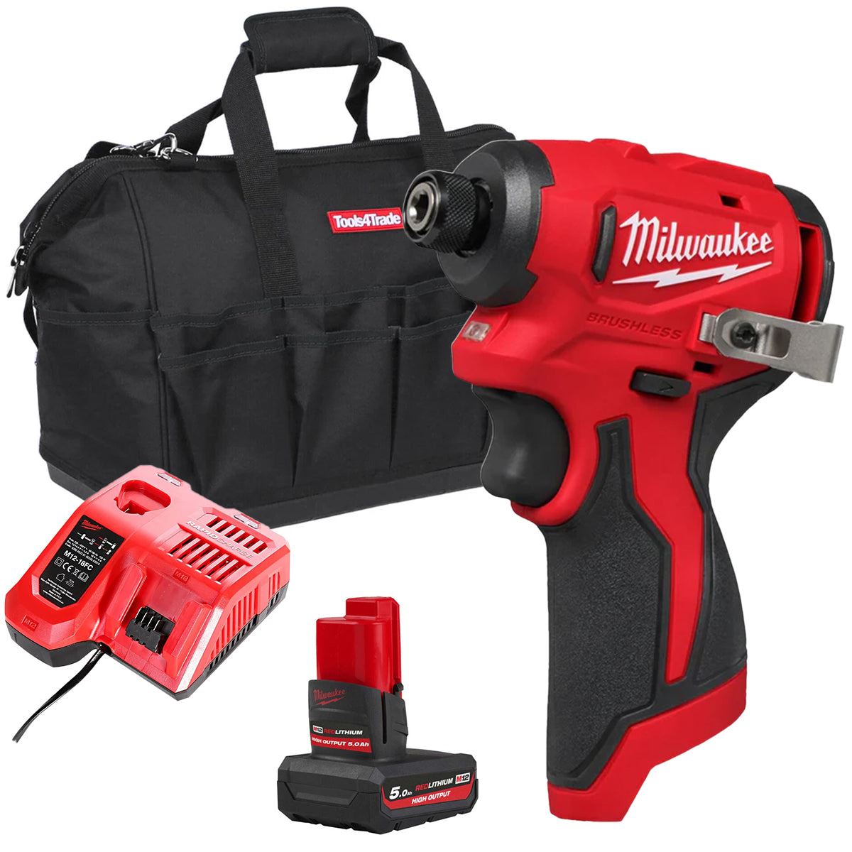 Milwaukee M12BLIDRC-0 12V Brushless Compact Impact Driver with 1 x 5.0Ah Battery Charger & Bag