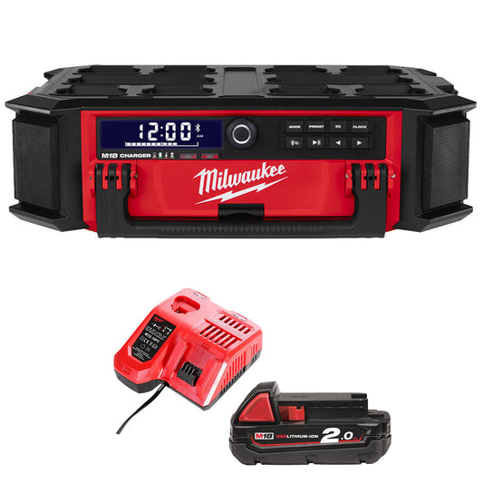 Milwaukee M18PRCDAB+ 18V AM/FM Packout Radio with 1 x 2.0Ah Battery & Charger