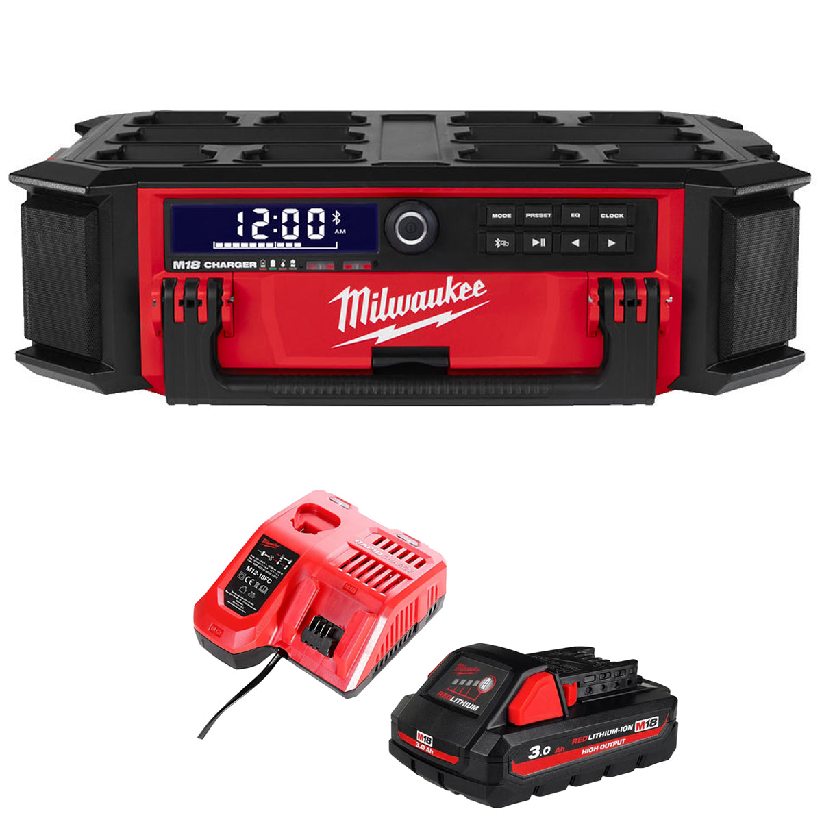 Milwaukee M18PRCDAB+ 18V AM/FM Packout Radio with 1 x 3.0Ah Battery & Charger