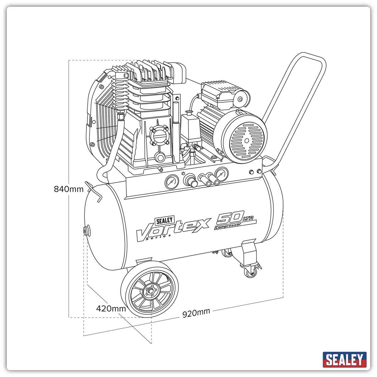 Sealey SAC1503B 50L Belt Drive Air Compressor with Cast Cylinders & Wheels 230V/13A