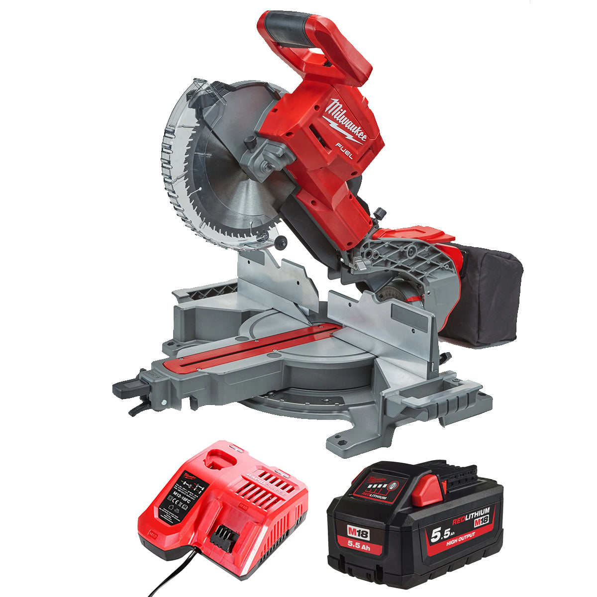 Milwaukee M18FMS254-0 18V FUEL Brushless 254mm Compound Mitre Saw with 1 x 5.5Ah Battery & Charger