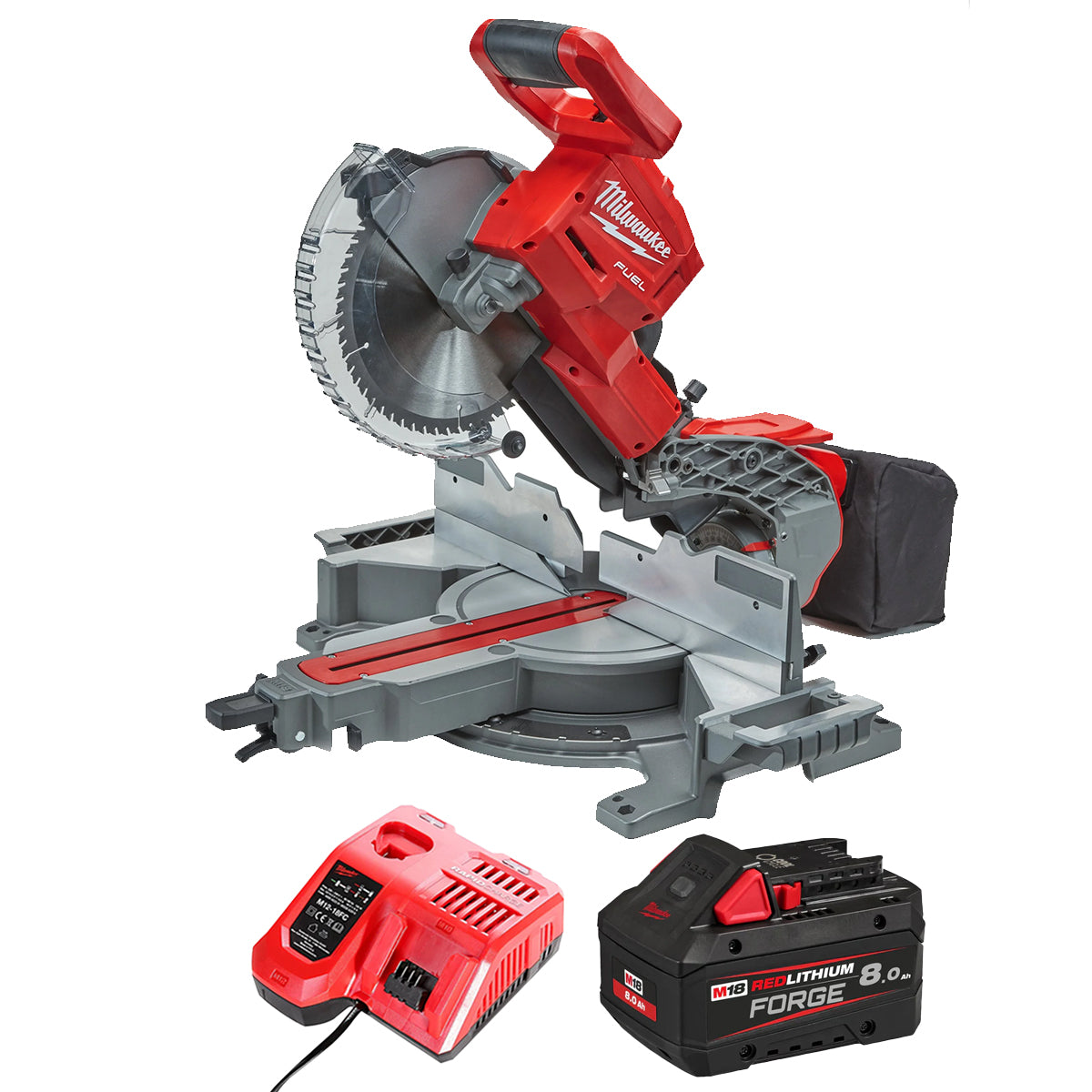 Milwaukee M18FMS254-0 18V FUEL Brushless 254mm Compound Mitre Saw with 1 x 8.0Ah Battery & Charger