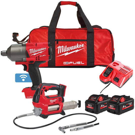 Milwaukee M18ONEPP2Q-505B 18V Fuel 3/4" Impact Wrench & Grease Gun with 2 x 5.5Ah Battery Charger & Bag