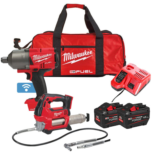 Milwaukee M18ONEPP2Q-512B 18V Fuel 3/4" Impact Wrench & Grease Gun with 2 x 12.0Ah Battery Charger & Bag