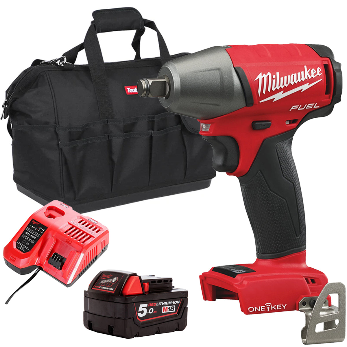 Milwaukee M18ONEIWF12-0 18V FUEL ONE-KEY Brushless 1/2” Impact Wrench with 1 x 5.0Ah Battery Charger & Bag