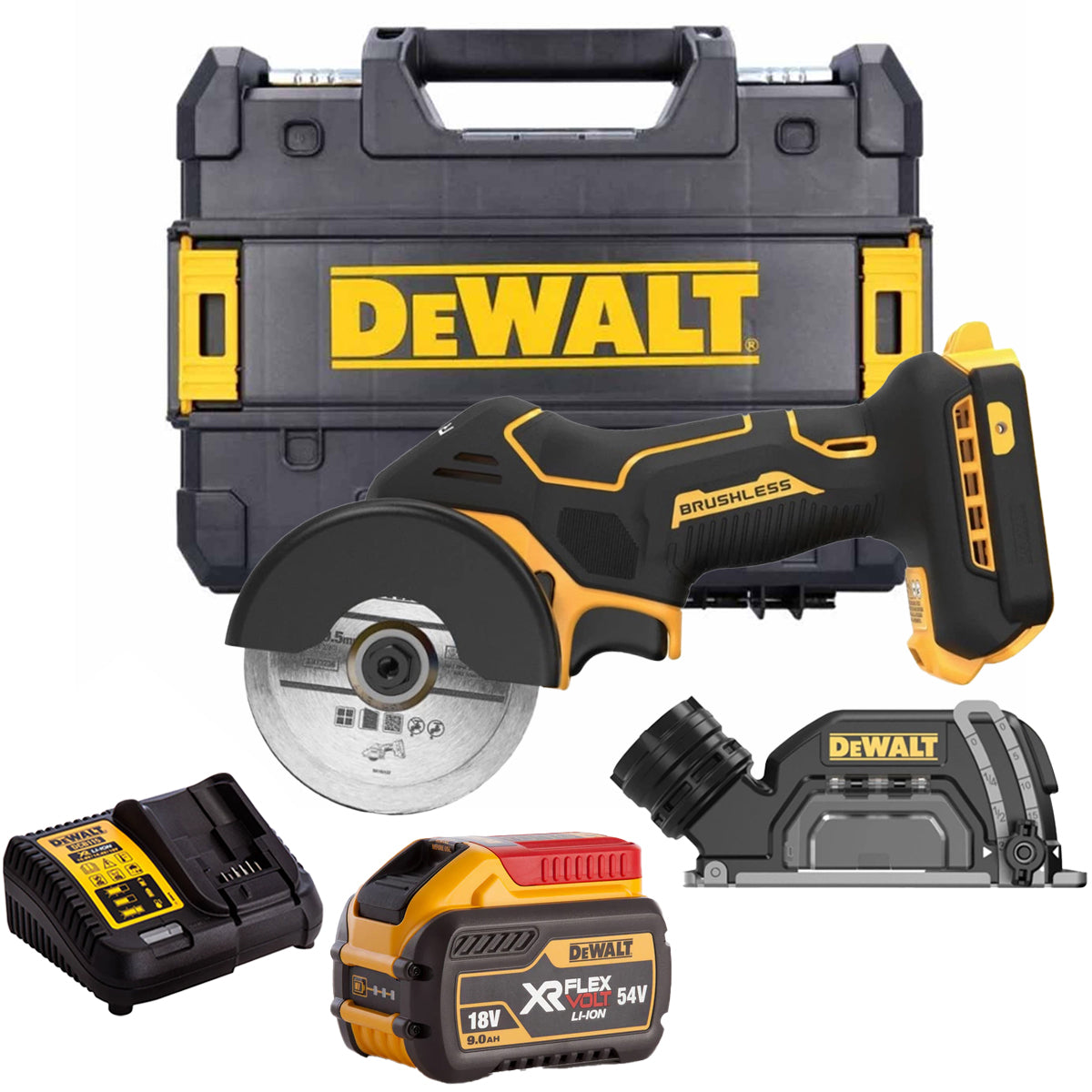 Dewalt DCS438NT 18V XR Brushless 76mm Cut Off Saw with 1 x 9.0Ah Battery Charger & Case