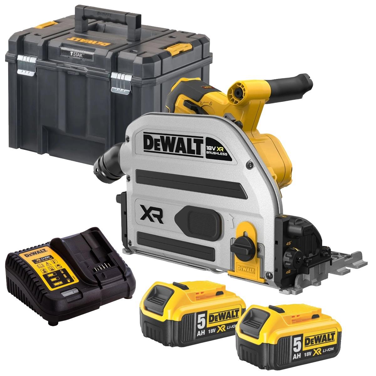 Dewalt DCS525P2T 18V XR Brushless 165mm Plunge Saw with 2 x 5.0Ah Batteries, Charger & Case