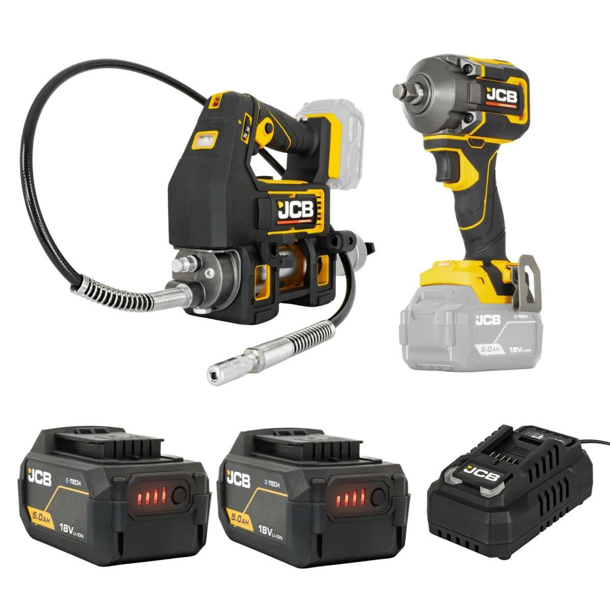 JCB-18PKIT-5 Pro 18V Impact Wrench & Grease Gun With 2 x 5.0Ah Batteries & 4.5A Fast Charger In Soft Tool Bag