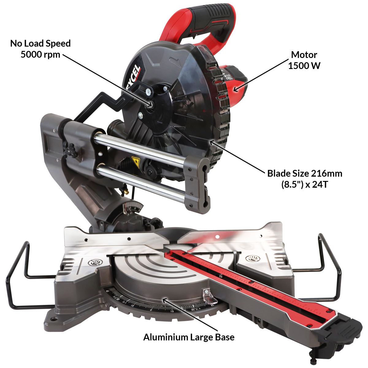 Excel 216mm Mitre Saw Large Base Laser 240V with Leg Stand Extra 1 x 24T Blade