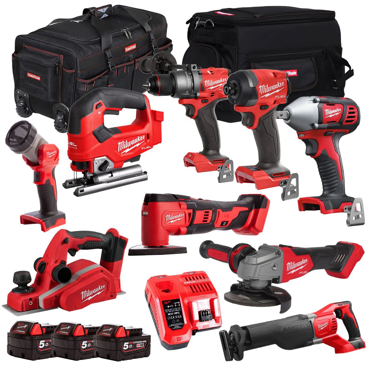 Milwaukee 18V 9 Piece Power Tool Kit with 3 x 5.0Ah Batteries T4TKITM-88