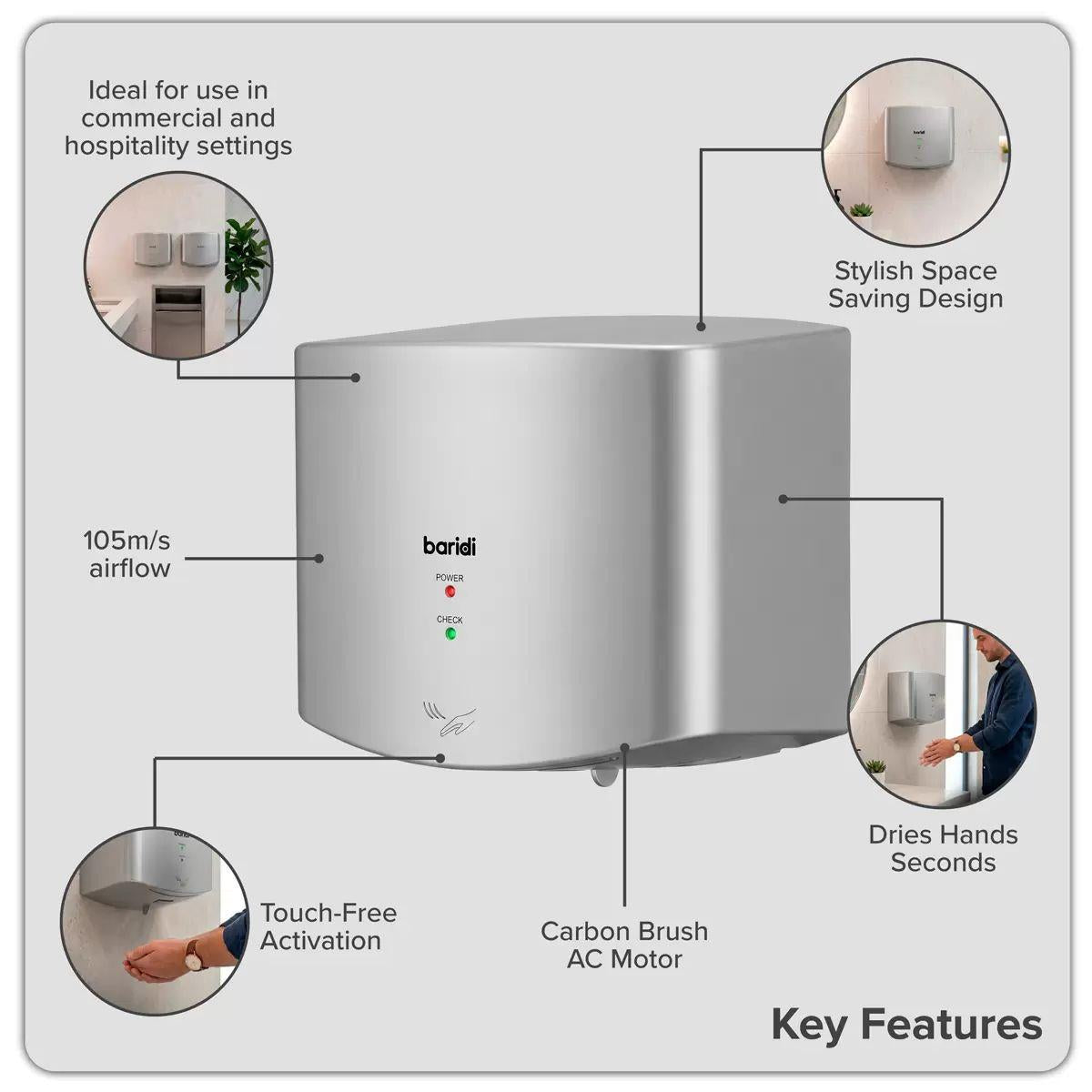 Sealey DH379 Baridi High Speed Hand Dryer with Auto-Sensor 1400-1650W/230V Silver