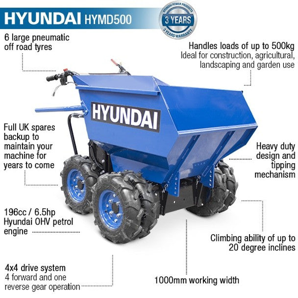 Hyundai HYMD500 4 x 4 Drive Mini Dumper Power Barrow 196cc Engine, 500kg Capacity & Compact & Reliable